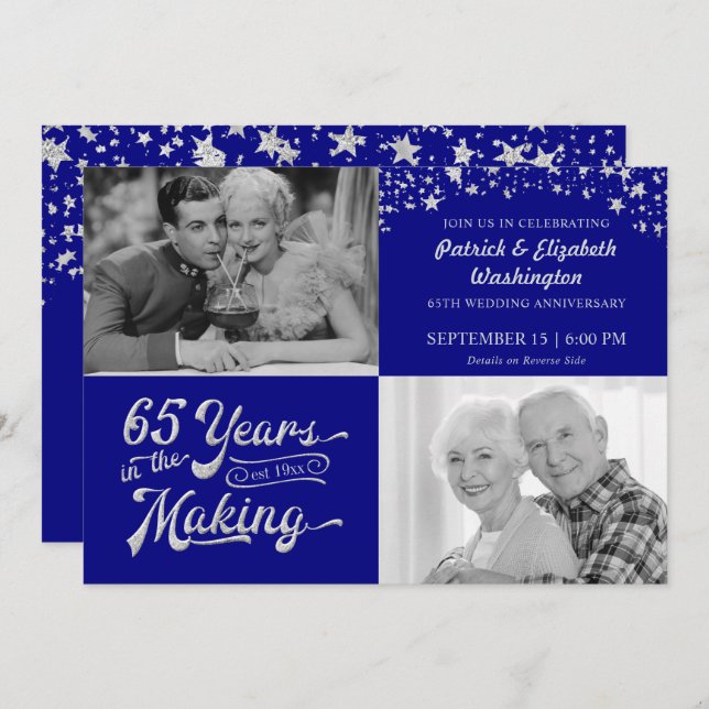 65th Anniversary Sapphire Silver Glitter Stars Invitation (Front/Back)