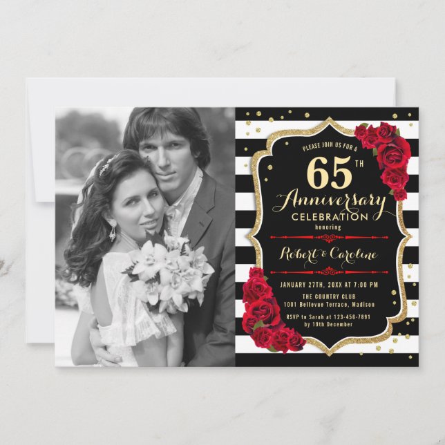 65th Anniversary with Photo - Gold Black Red Invitation (Front)
