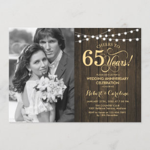 65th Anniversary with Photo - Rustic Wood Gold Invitation