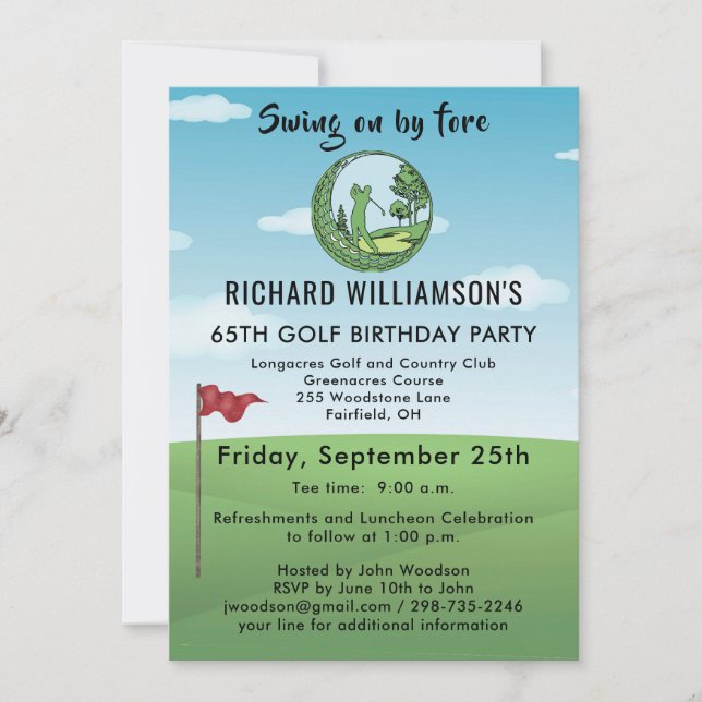 65TH (any age) GOLF WITH TEE TIME BIRTHDAY PARTY  Invitation (Front)