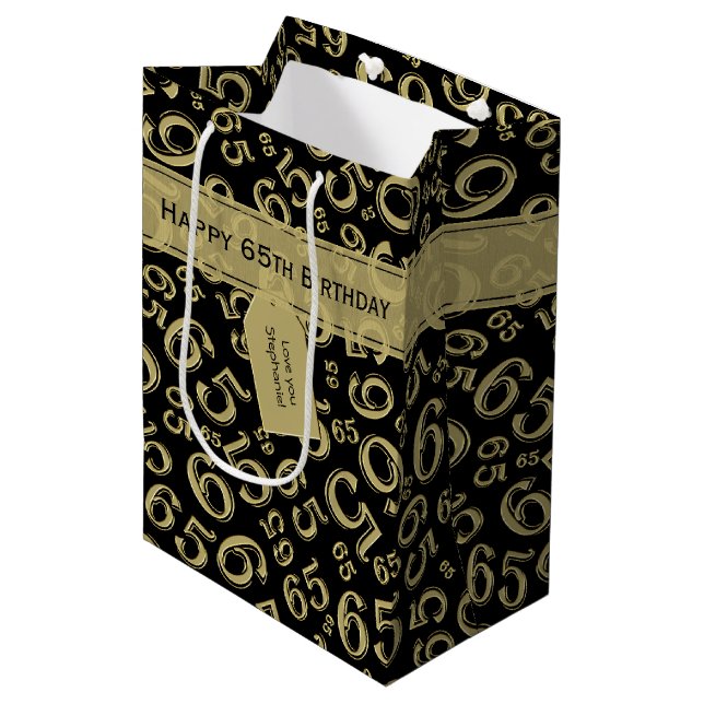 65th Biirthday Random Number Pattern Black/Gold Medium Gift Bag (Front Angled)