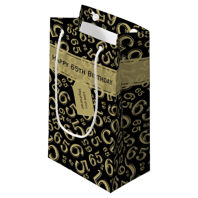 65th Biirthday Random Number Pattern Black/Gold Small Gift Bag (Front Angled)