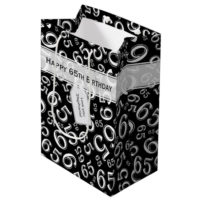 65th Biirthday Random Number Pattern Black/White Medium Gift Bag (Front Angled)