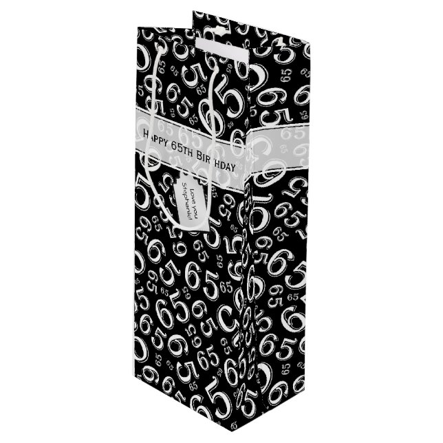 65th Biirthday Random Number Pattern Black/White Wine Gift Bag (Front Angled)