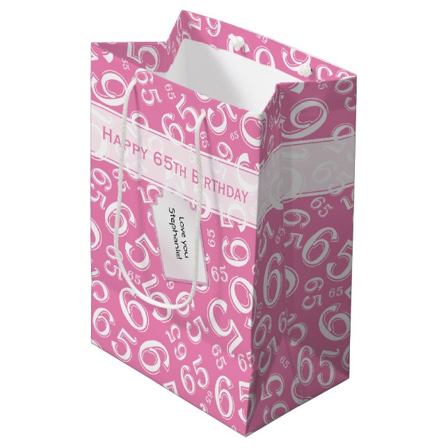 65th Biirthday Random Number Pattern Pink/White Medium Gift Bag (Front Angled)