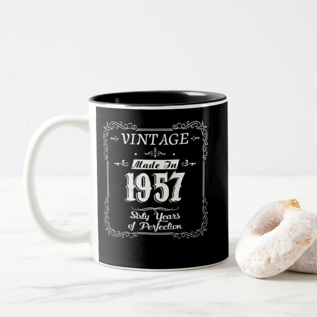 65th birthday 1957 Year of Perfection Gift Idea Two-Tone Coffee Mug (With Donut)