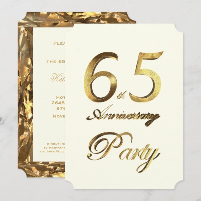 65th Birthday Anniversary Gold Ivory Elegant Invitation (Front/Back)