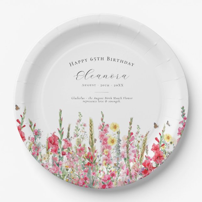 65th Birthday August Birth Flower Party Supplies Paper Plate (Front)