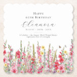 65th Birthday August Birth Month Flower Custom Paper Coaster<br><div class="desc">Perfect table decor for an August birthday party. Pink gladiolus is the birth flower for that month. It forms a pretty watercolor bottom border on this floral personalised coaster. The birthday guest of honour's name, age and birthdate are placed above it using elegant calligraphy and typography. All text is editable....</div>