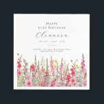 65th Birthday August Birth Month Flower Gladiolus Napkin<br><div class="desc">Perfect table decor for an August birthday party. Pink gladiolus is the birth flower for that month. It forms a pretty watercolor bottom border on this floral personalised napkin. The birthday guest of honour's name, age and birthdate are placed above it using elegant calligraphy and typography. All text is editable....</div>