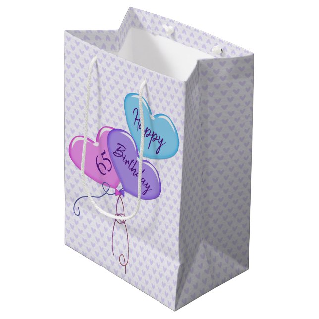 65th Birthday Balloons and Hearts Medium Gift Bag (Front Angled)