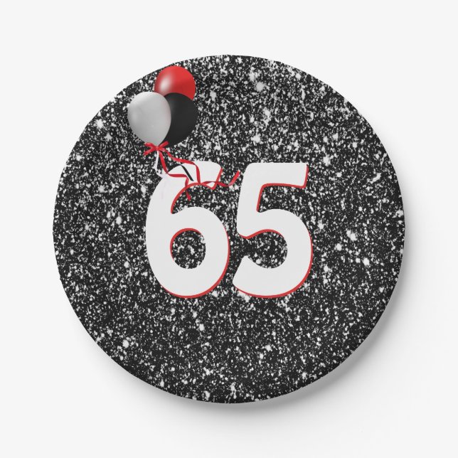 65th Birthday Balloons on Black Glitter Paper Plate (Front)