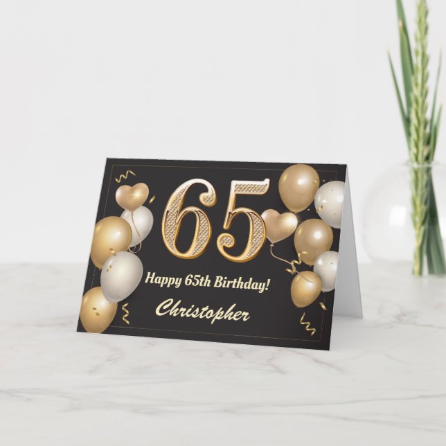 65th Birthday Black and Gold Balloons Birthday Card (Front)