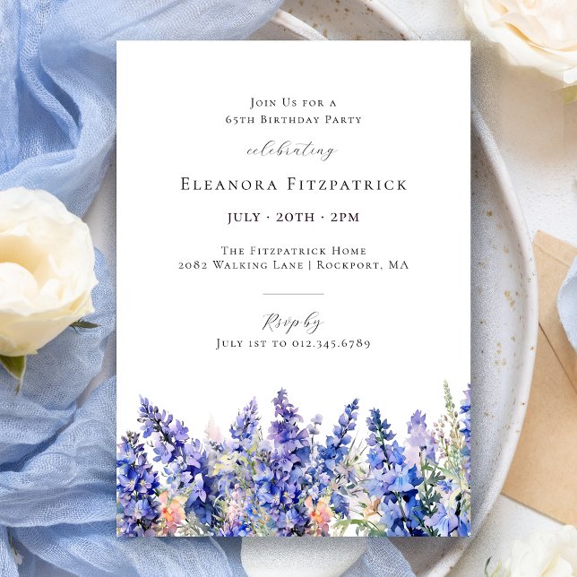 65th Birthday Blue Larkspur July Birth Flower Invitation (Creator Uploaded)