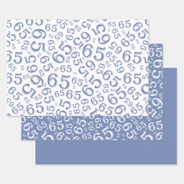 65th Birthday Blue & White Number Pattern 65 Wrapping Paper Sheet (Set)