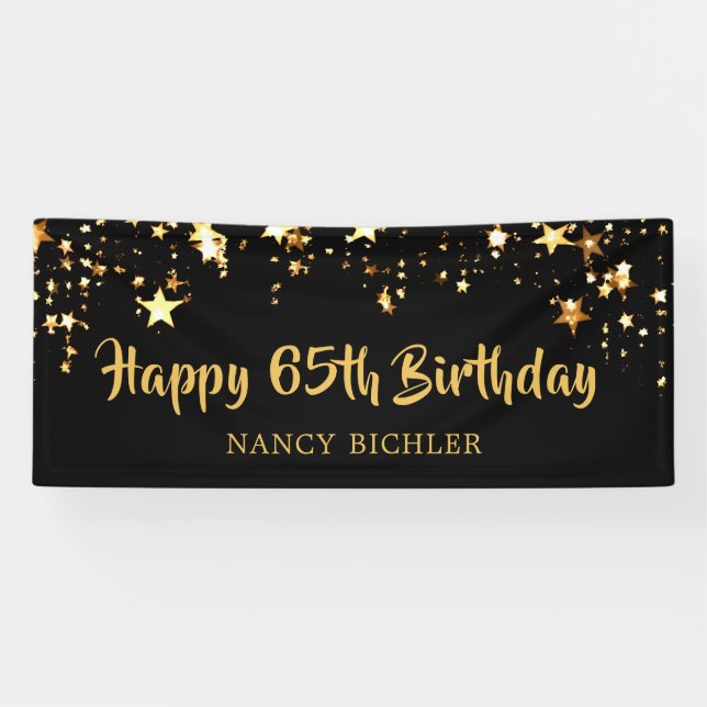 65th Birthday Brush Script Black Gold Stars Banner (Horizontal)
