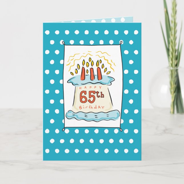 65th Birthday Cake on Blue Teal with Dots Card (Front)