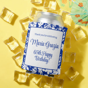 65th Birthday Chic Blue White Floral  Can Cooler