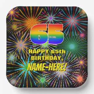 65th Birthday: Colorful, Fun Celebratory Fireworks Paper Plate