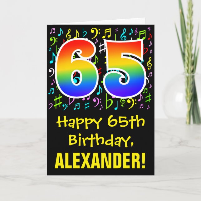 65th Birthday: Colorful Music Symbols + Rainbow 65 Card (Front)