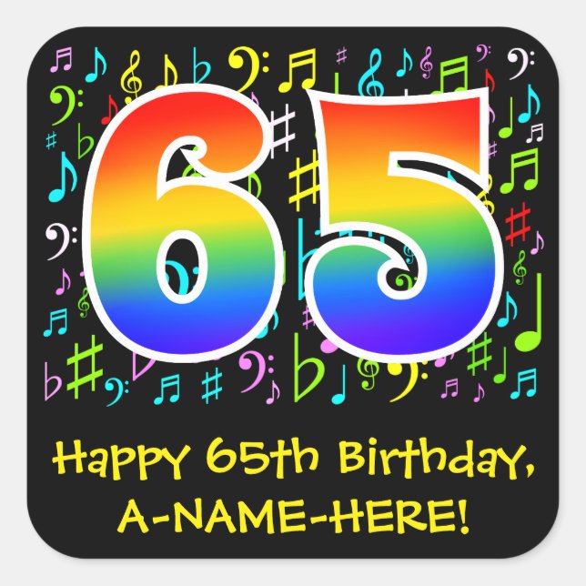 65th Birthday: Colourful Music Symbols, Rainbow 65 Square Sticker (Front)