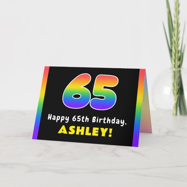65th Birthday: Colourful Rainbow # 65, Custom Name Card (Front)