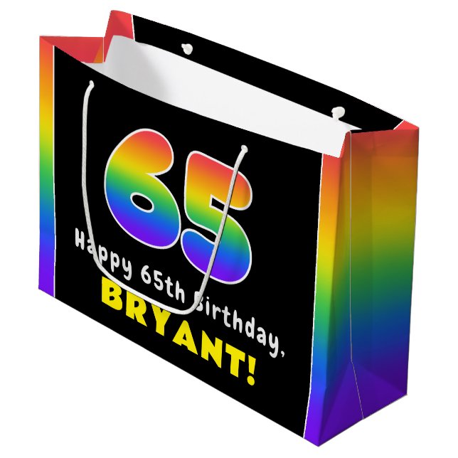 65th Birthday: Colourful Rainbow # 65, Custom Name Large Gift Bag (Front Angled)