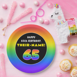 65th Birthday: Colourful Rainbow # 65, Custom Name Paper Plate
