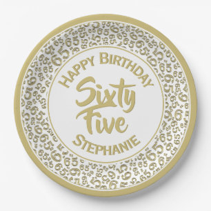 65th Birthday Cool Number Pattern Gold and White Paper Plate