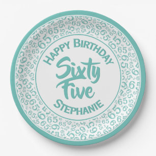 65th Birthday Cool  Number Pattern Teal/White Paper Plate