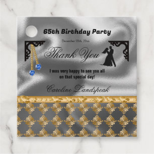 65th Birthday Damask & Blue Gems Thank You Favour Tags