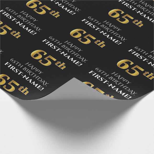 65th Birthday: Elegant, Black, Faux Gold Look Wrapping Paper (Corner)