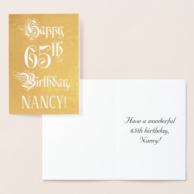 65th Birthday: Elegant, Ornate Script; Custom Name Foil Card (Display)