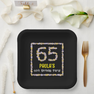65th Birthday: Floral Flowers Number, Custom Name Paper Plate