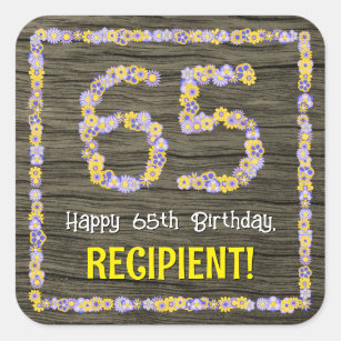 65th Birthday: Floral Number, Faux Wood Look, Name Square Sticker