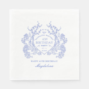 65th Birthday French Blue Floral Crest Custom Napkin