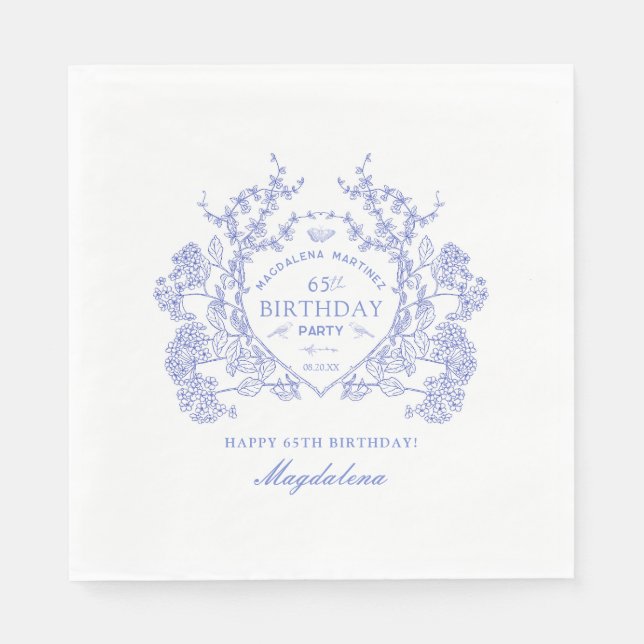 65th Birthday French Blue Floral Crest Custom Napkin (Front)