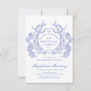 65th Birthday French Vintage Blue Floral Crest Invitation
