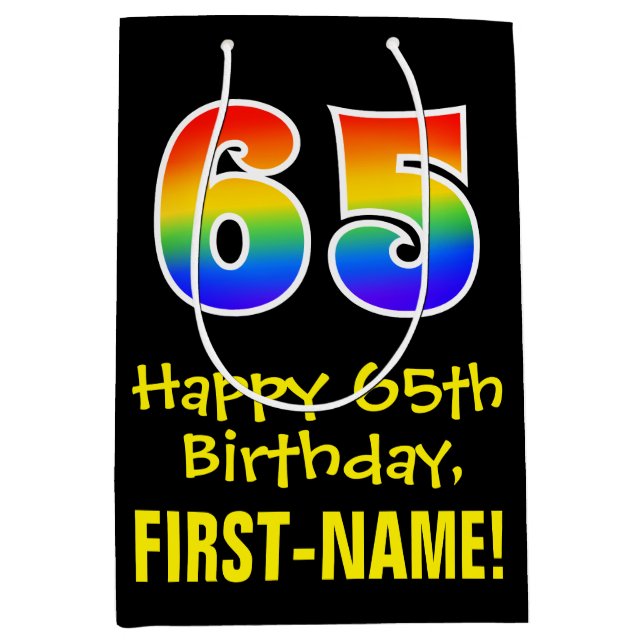65th Birthday: Fun, Bold, Colourful, Rainbow "65" Medium Gift Bag (Front)