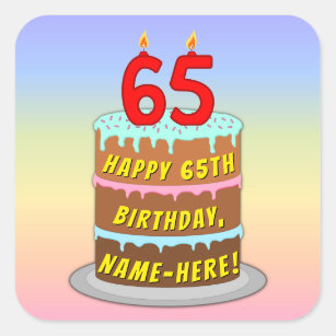65th Birthday: Fun Cake and Candles + Custom Name Square Sticker