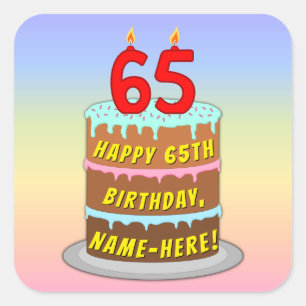 65th Birthday: Fun Cake and Candles + Custom Name Square Sticker