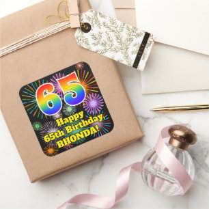 65th Birthday: Fun Fireworks Look, Rainbow # 65 Square Sticker