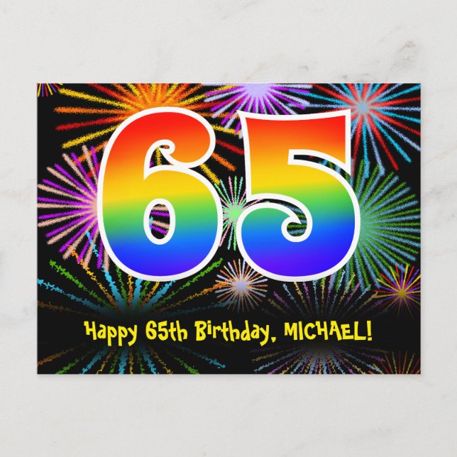65th Birthday – Fun Fireworks Pattern + Rainbow 65 Postcard (Front)
