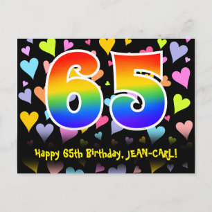65th Birthday: Fun Hearts Pattern, Rainbow 65 Postcard