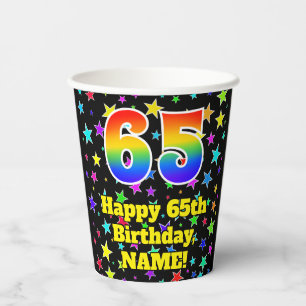 65th Birthday: Fun Stars Pattern and Rainbow 65 Paper Cups
