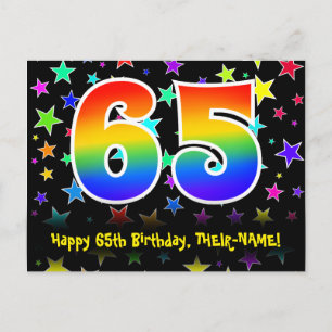 65th Birthday: Fun Stars Pattern, Rainbow 65, Name Postcard