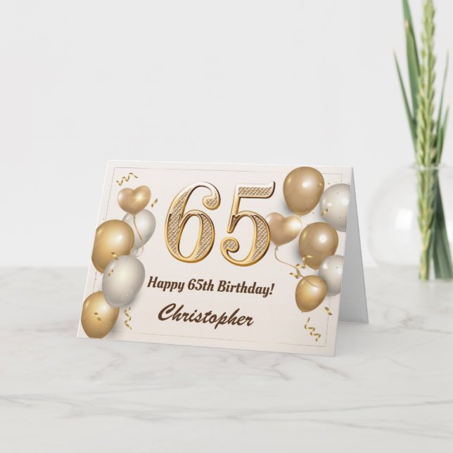 65th Birthday Gold Balloons and Confetti Birthday Card (Front)