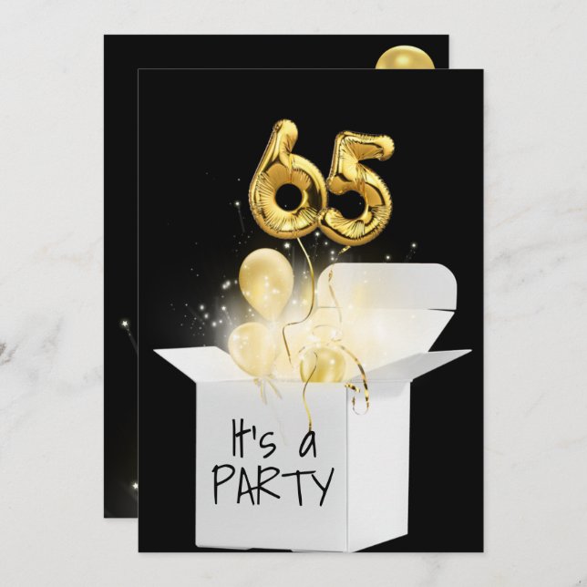 65th Birthday Gold Balloons In White Box Invitation (Front/Back)