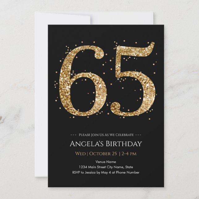 65th Birthday Gold Glitter black  Invitation (Front)