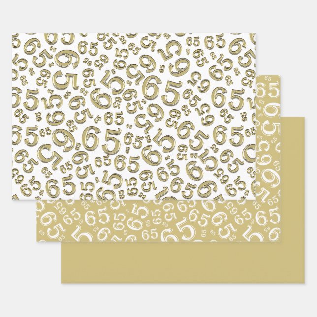 65th Birthday Gold & White Number Pattern 65 Wrapping Paper Sheet (Set)